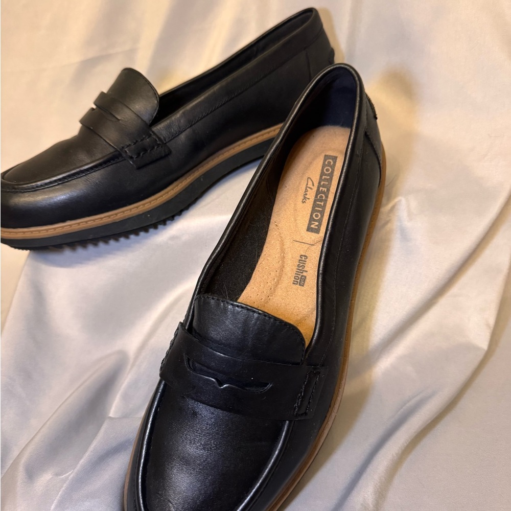 Clarks Black Leather Penny Loafers